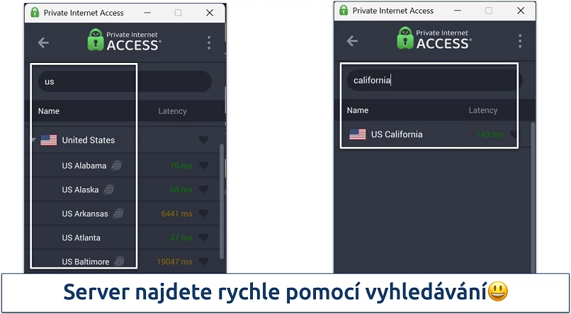 Screenshot of Private Internet Access' Windows app highlighting how to use the server search bar