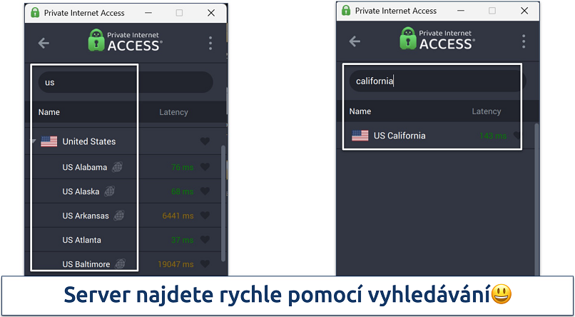 Screenshot of Private Internet Access' Windows app highlighting how to use the server search bar
