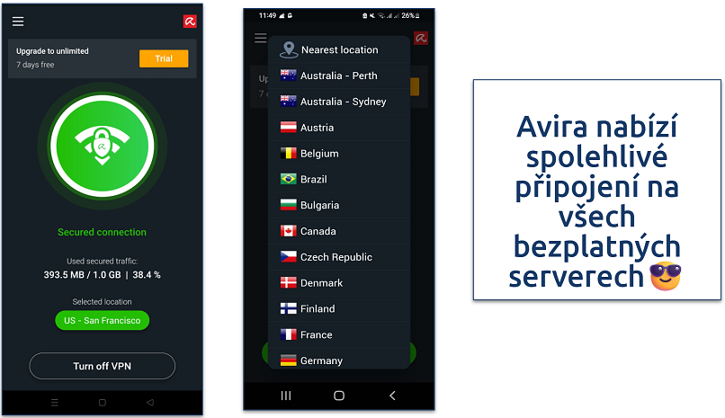 Screenshot of Avira Phantom VPN server list