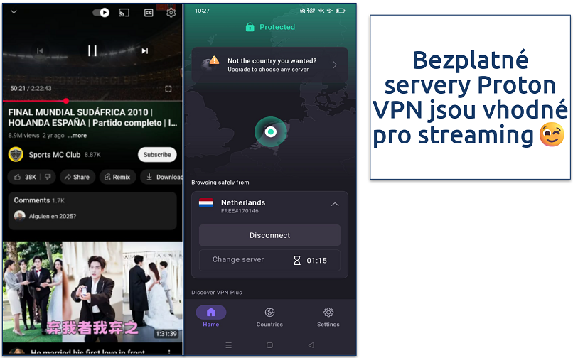 A YouTube video streaming on Android with Proton VPN connected