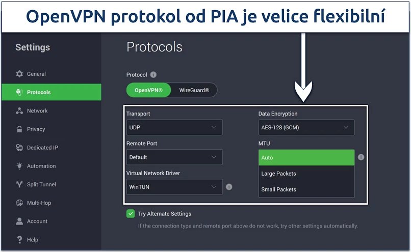 Screenshot of PIA's protocol settings page with its OpenVPN customization options