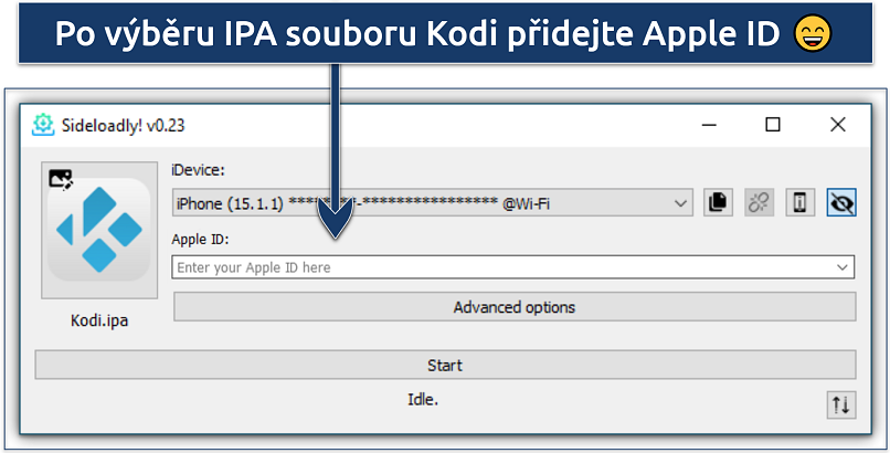 Image showing the interface of the Sideloadly Windows app with Kodi IPA uploaded