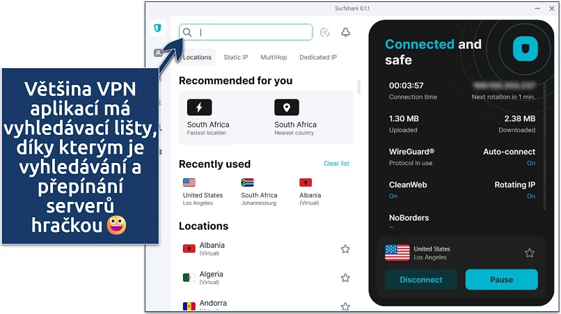 Screenshot of Surfshark’s Windows app interface with its server selection menu and connection status panel