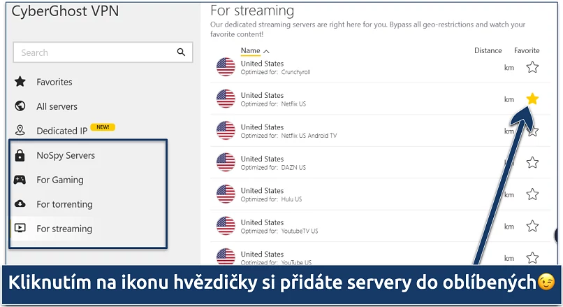 Screenshot of CyberGhost's list of specialized servers