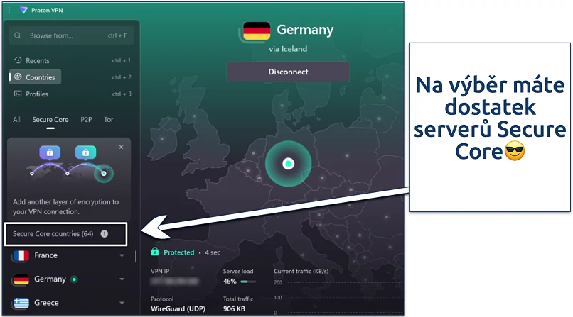 Screenshot of Proton VPN Windows app dashboard showing Secure Core servers